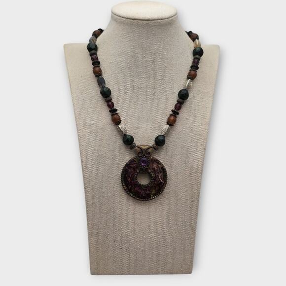 Chico’s Boho Beaded Statement Necklace with Round Pendant Purple Gem - Picture 2 of 8
